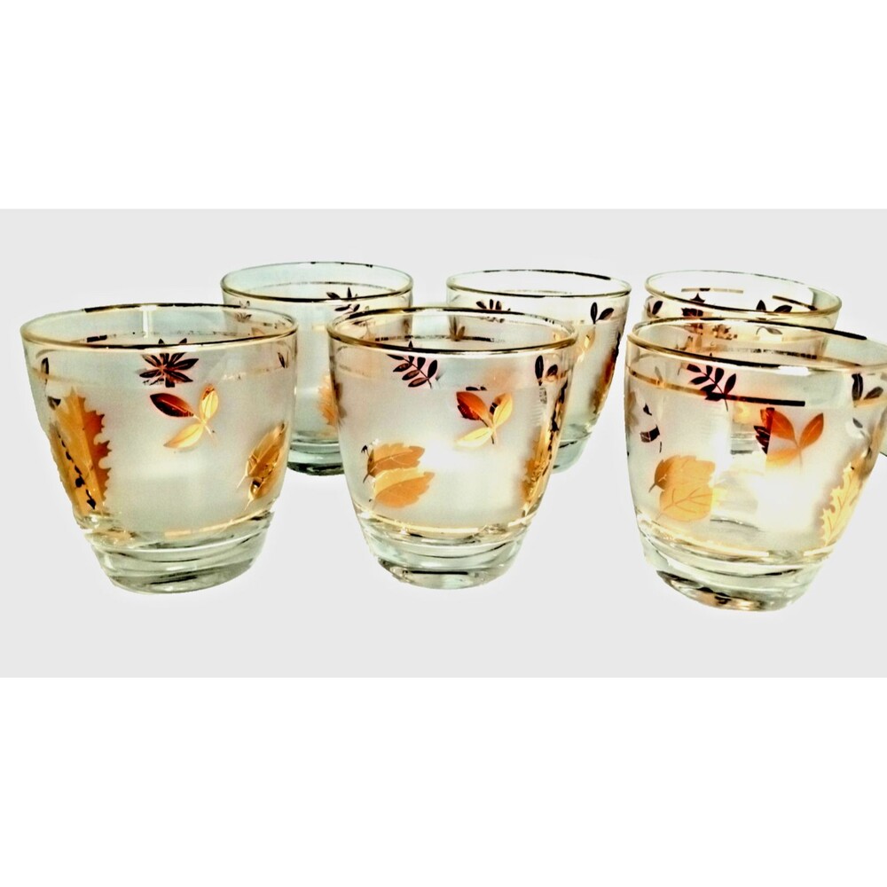 Set of 6 Vintage Libbey Golden Foliage Old Fashioned Glass 22K Gold Leaf Frost